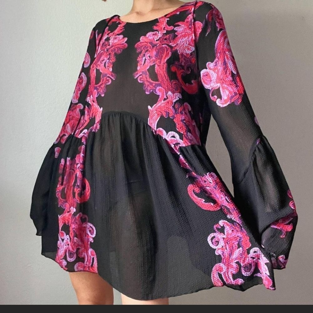 FREE PEOPLE INTAMATELY SYMPHONY Dark Garden Smock Dress Sz M Pink Black NWOT